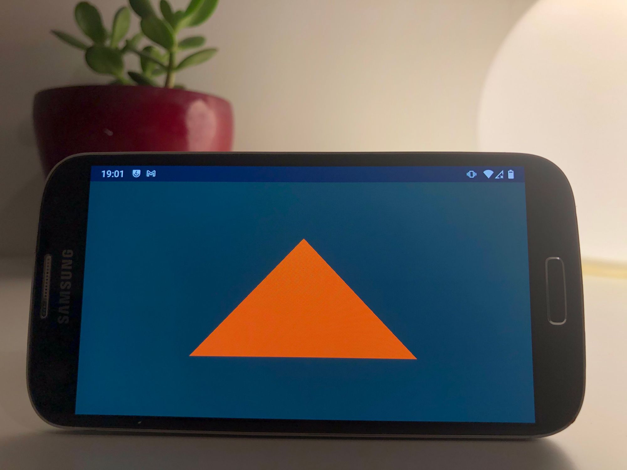 A triangle on an Android phone with a plant behind it.