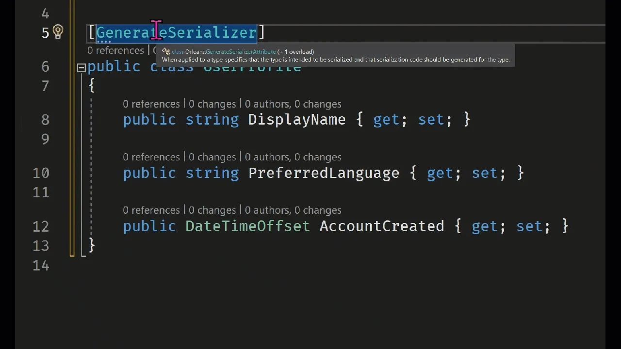 An animated image of the available code fix being suggested and applied on the GenerateSerializerAttribute when the containing type doesn't contain IdAttribute's on its members.
