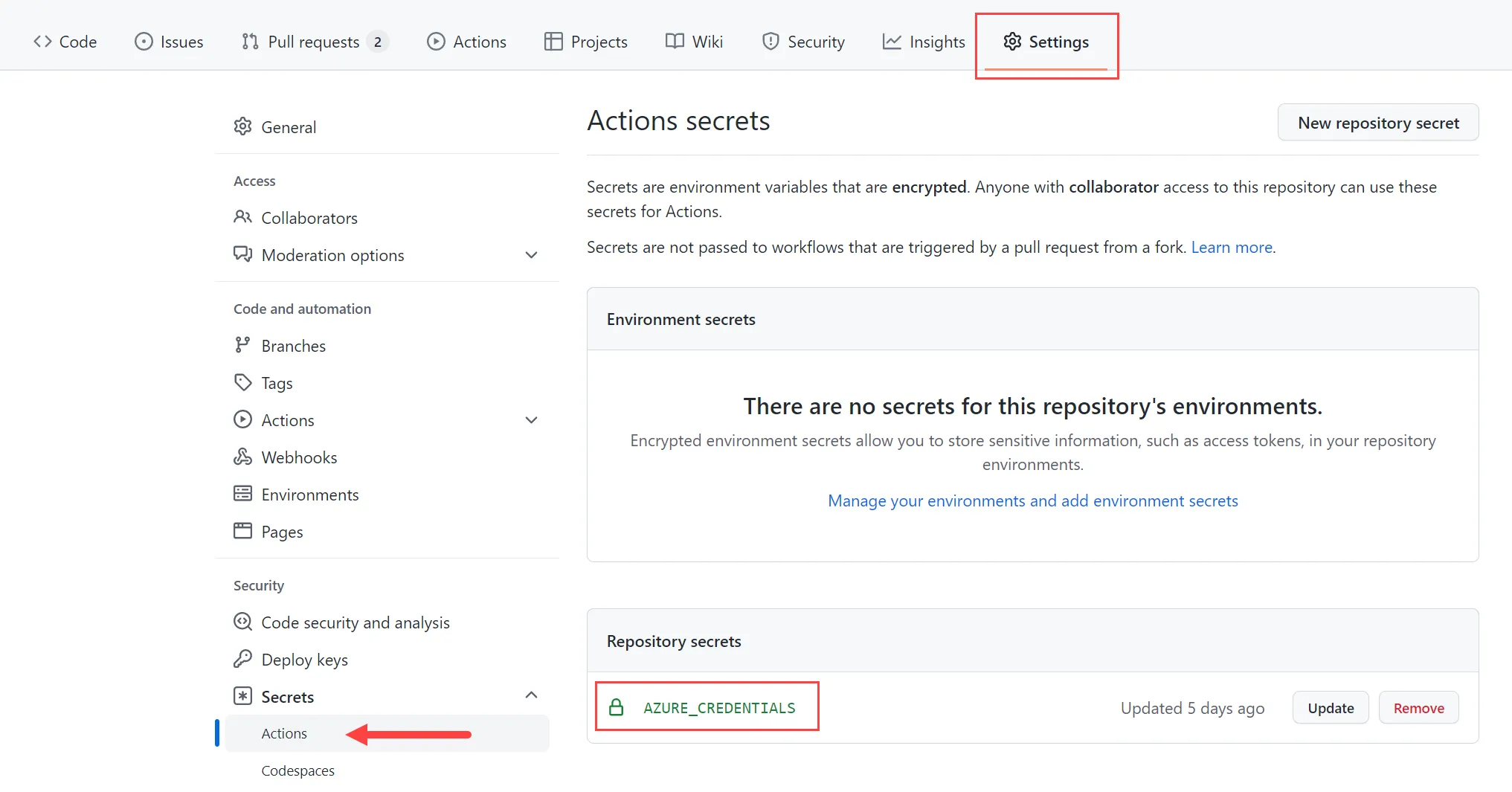 GitHub Repository: Settings > Secrets