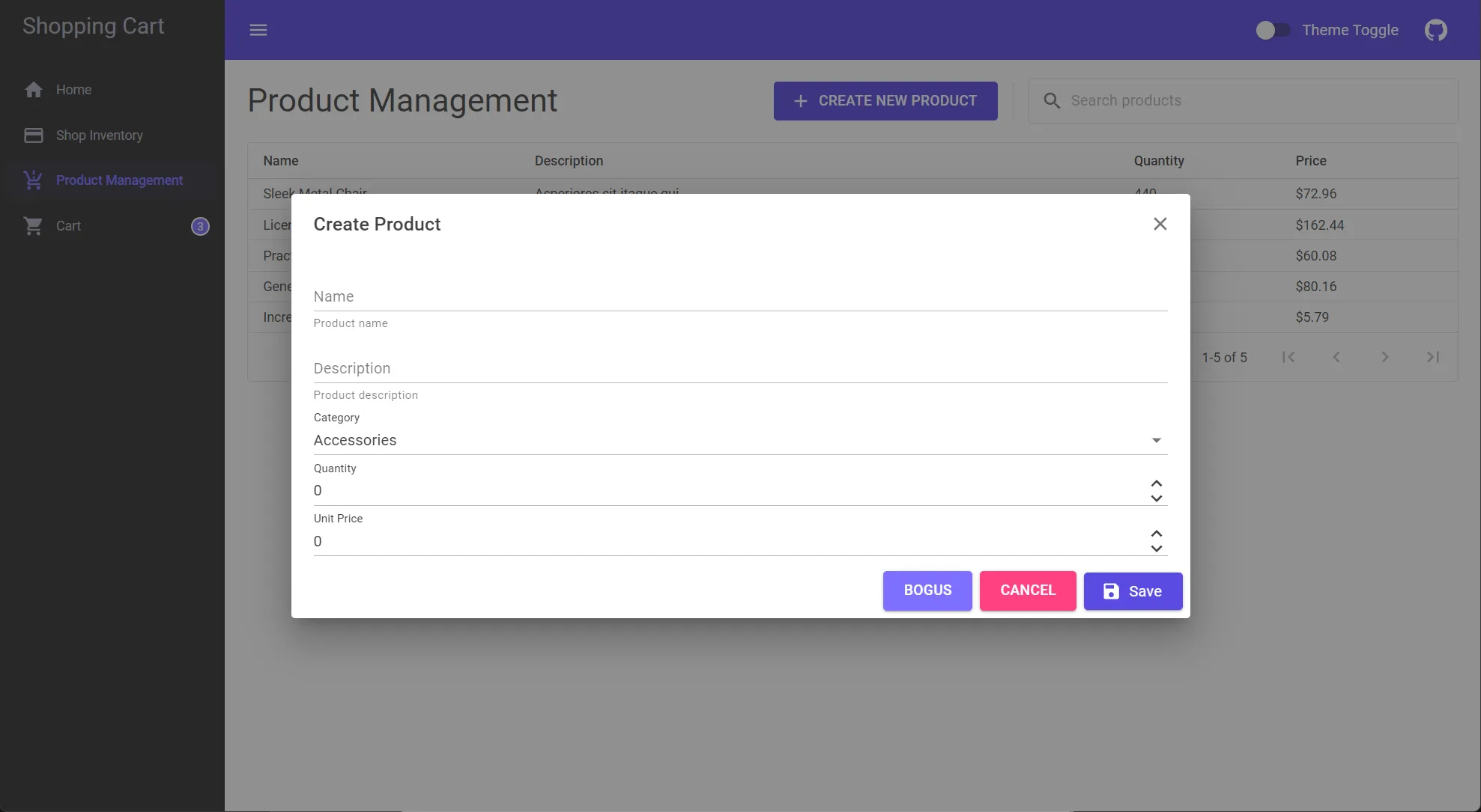 Orleans: Shopping Cart sample app, product management page - create new product dialog.