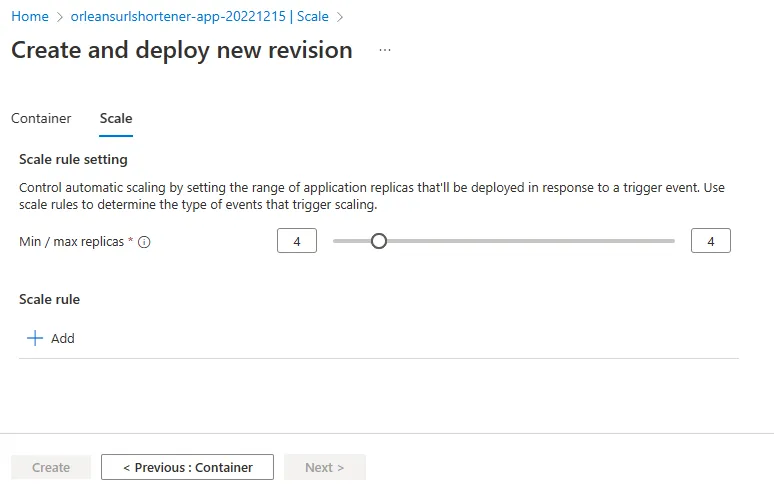 A screenshot showing how to scale the Azure Container Apps app.