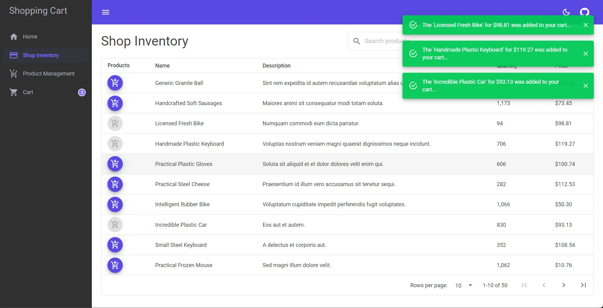 Orleans: Shopping Cart sample app, items added to cart while on shop inventory page.