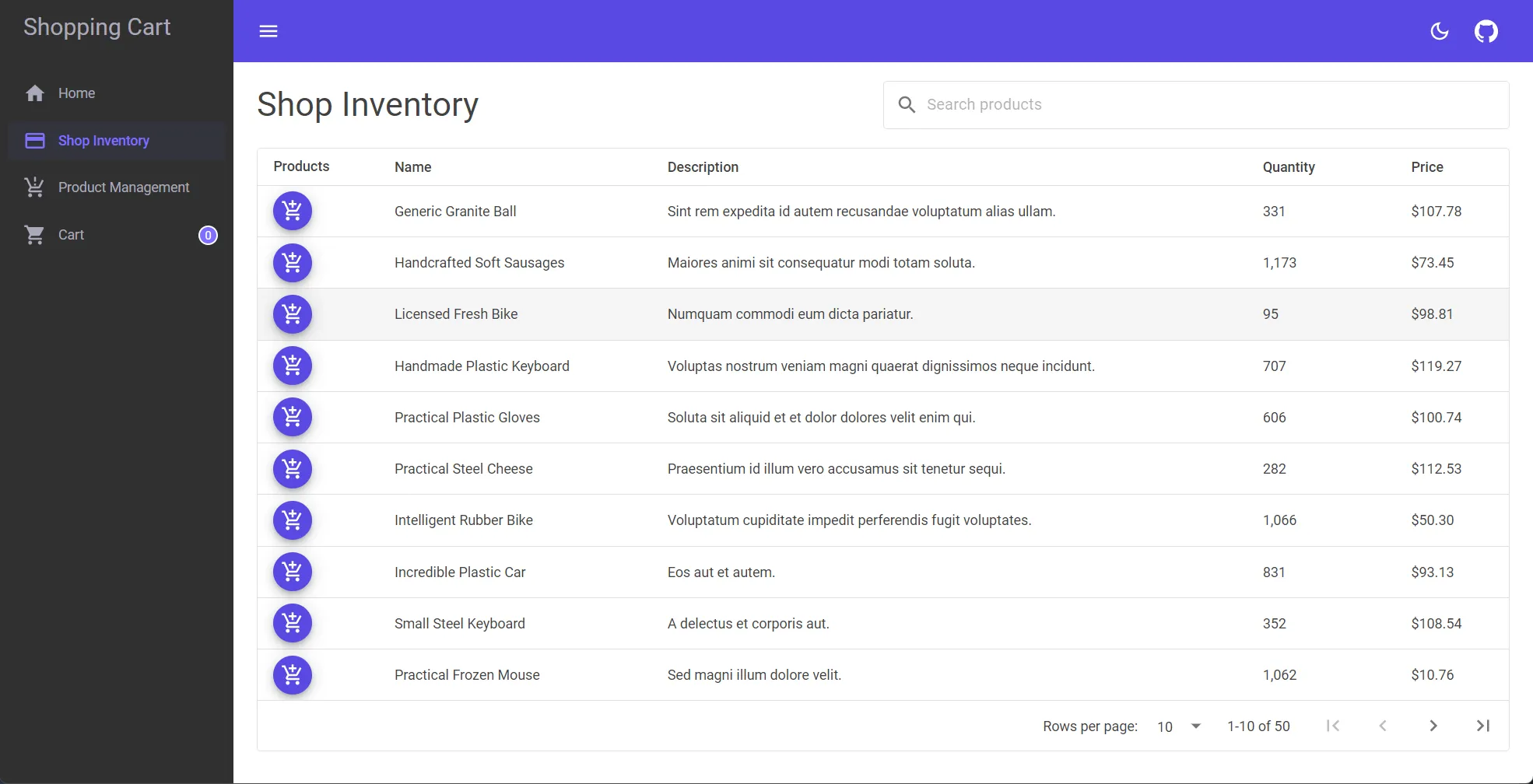 Orleans: Shopping Cart sample app, shop inventory page.