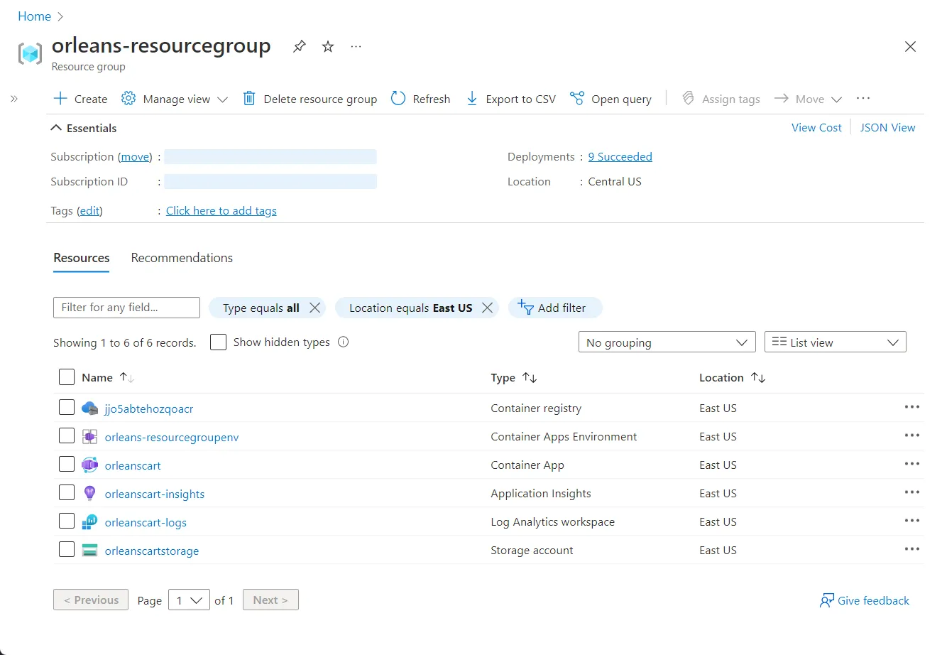 Azure portal: Orleans shopping cart sample app resources for Azure Container Apps.