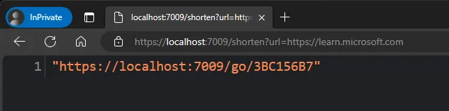 A screenshot showing the result of the URL shortener launched from Visual Studio.